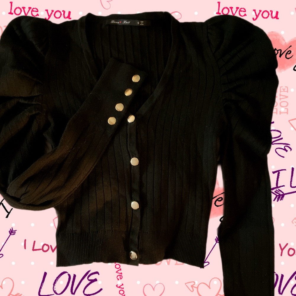 Black Ribbed Cardigan with Gold Buttons